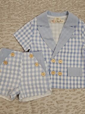 Blue & White Gingham Button Front Two-Piece Set